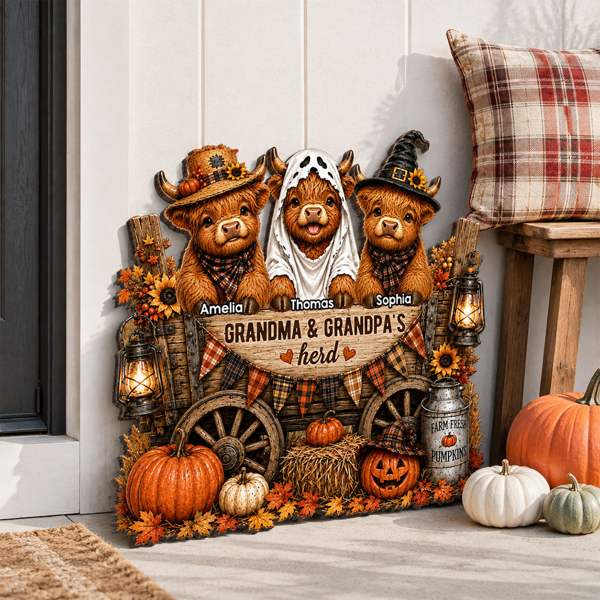 Grandma & Grandpa's Herd - Personalized Wooden Door Sign - Fall Decor for Grandparents, Grandparent's Day Gift