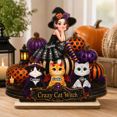Pretty Cat Witch 2D Flat - Personalized Wooden Plaque - Halloween Decoration