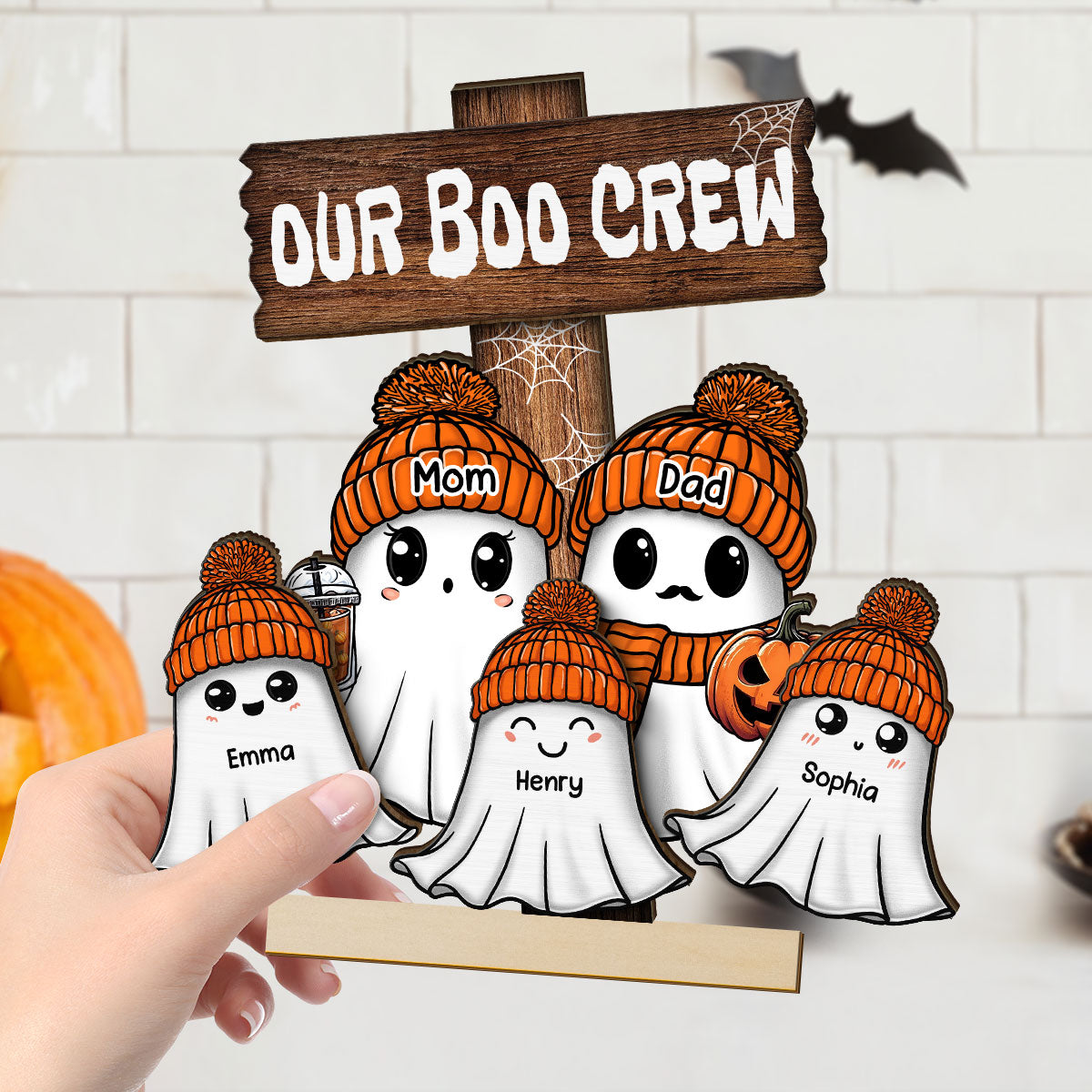 Family Our Boo Crew Fall Season Halloween Personalized 2-Layer Standing Wooden Plaque