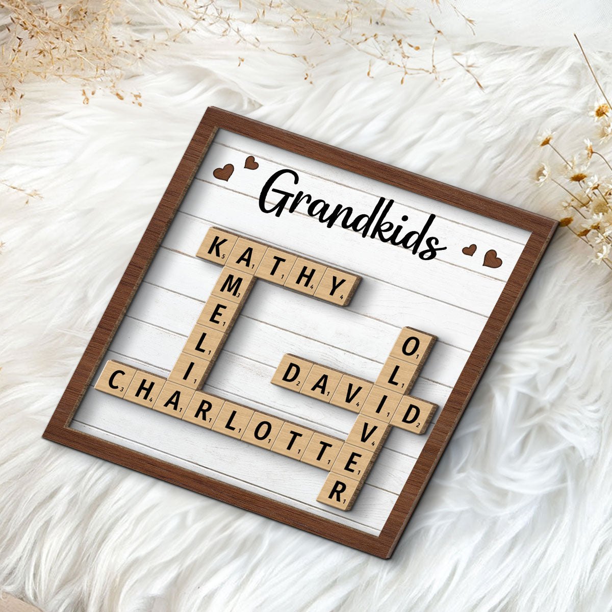 Grandkids Crossword Puzzle Art - Personalized 2-Layered Wooden Plaque - Gift for Mom, Gift for Grandma, Gift for Wife