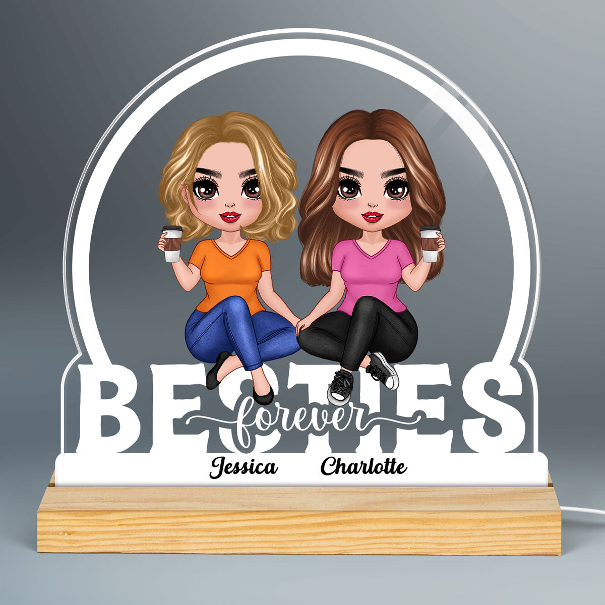 Doll Besties Sisters Sitting On Text Personalized Custom Shape LED Night Light