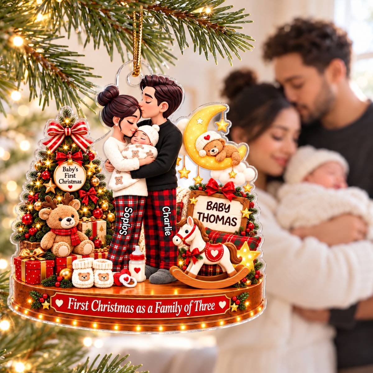 Heartwarming First Christmas As Family Of Three Newborn Baby - Personalized Acrylic Ornament - Christmas Keepsake, Gift For New Mom, New Dad, New Parents