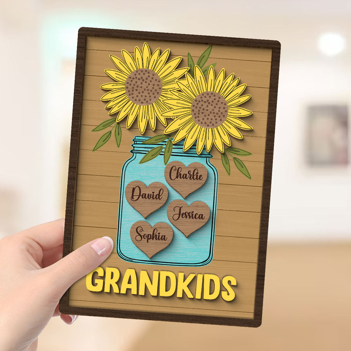Grandkids Sunflowers Vase Hearts With Kids Names Personalized 2-layer Wooden Plaque