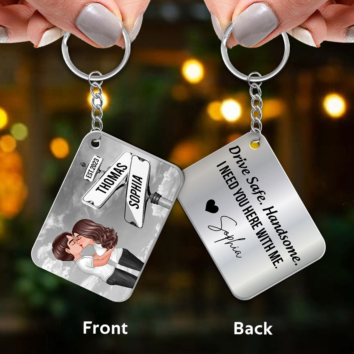 Drive Safe Couple Kissing Vintage Crossroads Street Sign Personalized Metal Keychain, Anniversary  Gift For Him, Boyfriend, Husband
