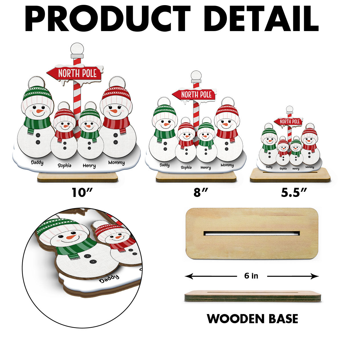 North Pole Snowman Family Christmas Personalized 2-Layer Standing Wooden Plaque