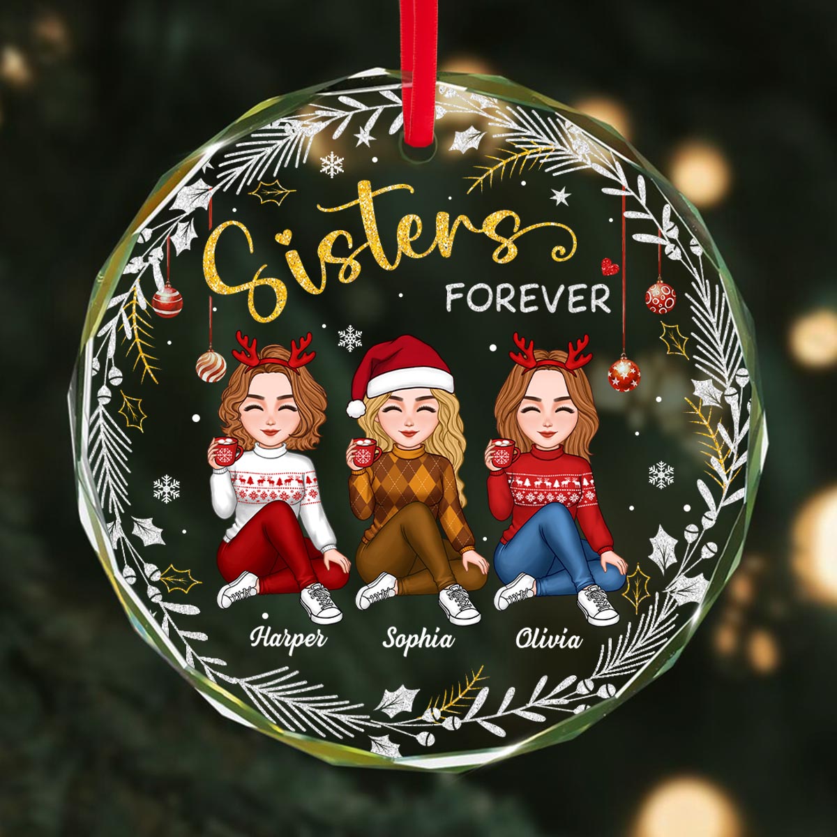 Gorgeous Sisters Forever Personalized Glass Ornament, Christmas Gift For Sisters