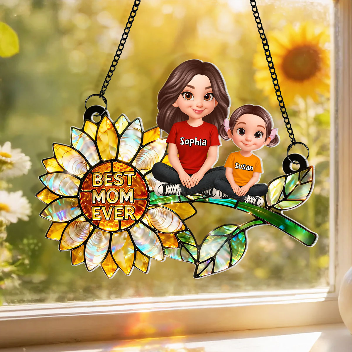 Sunflower Mom and Kids Sitting - Personalized Window Hanging Suncatcher - Mother's Day Gift for Mom, Wife