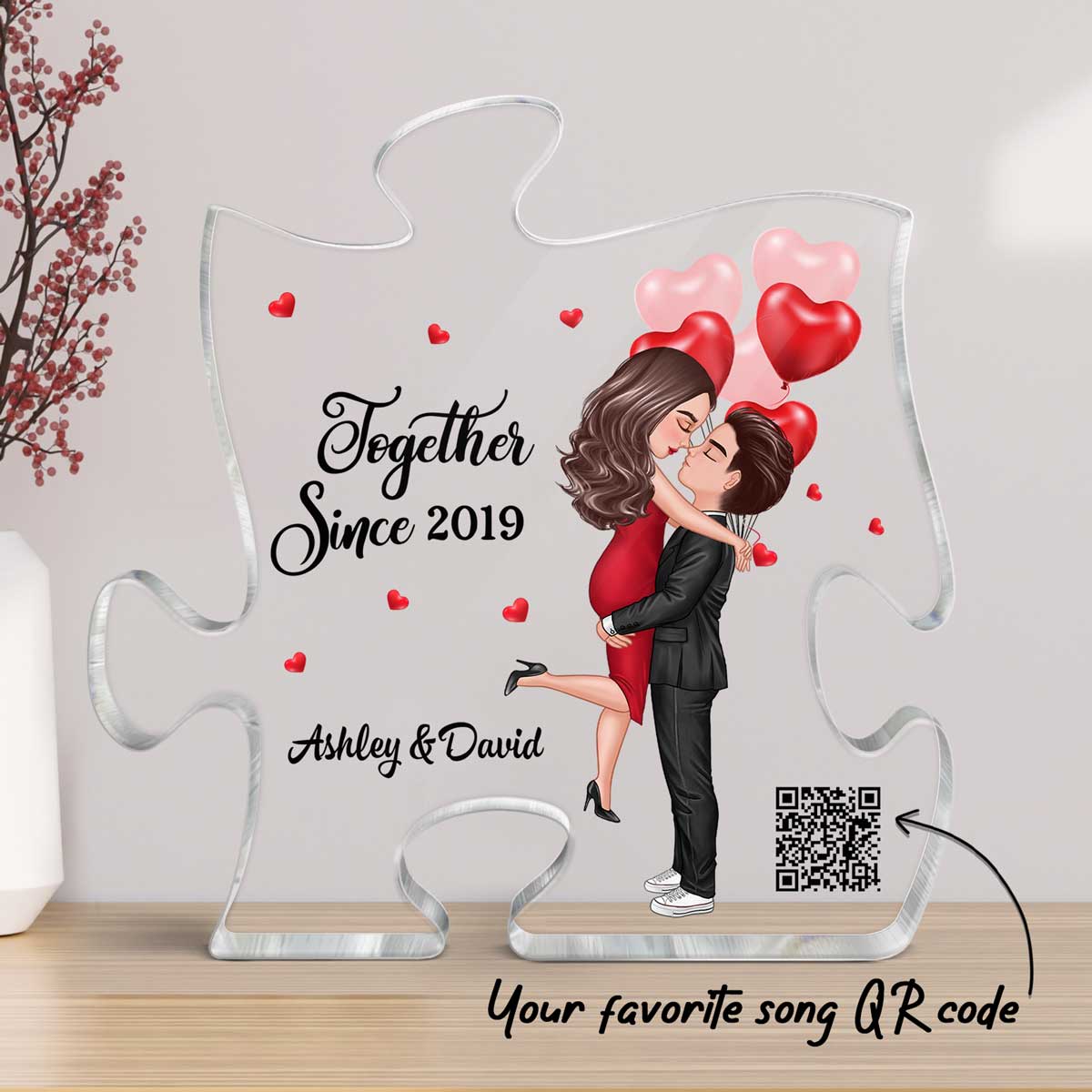 The Missing Piece To My Heart Doll Couple Hugging Kissing Scannable QR Code Favorite Song Personalized Puzzle Acrylic Plaque