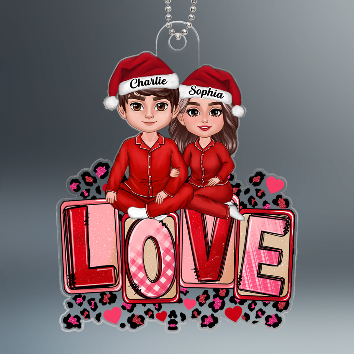 Couple Sitting On Love Pink Leopard Personalized Acrylic Ornament