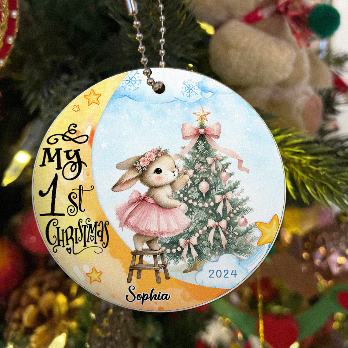 Baby's First Christmas Rabbit On Moon Personalized Acrylic Ornament, Baby's First Christmas Keepsake for New Mom New Dad