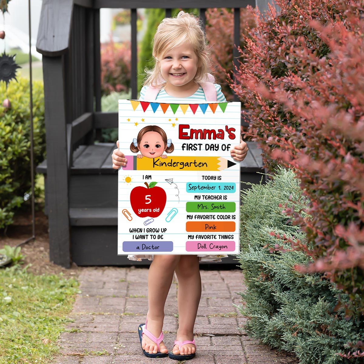 Cute Kid First Day Of School Personalized Board Sign, Editable, Reusable Back To School Sign