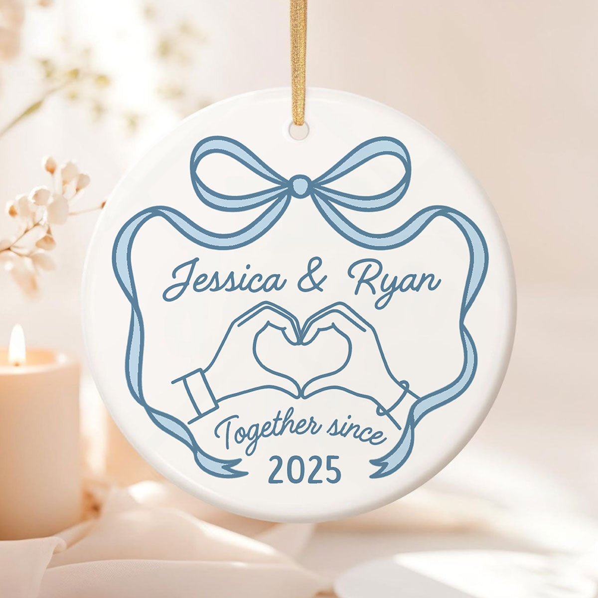 Couple Heart Hand Outline Christmas Personalized Ceramic Ornament