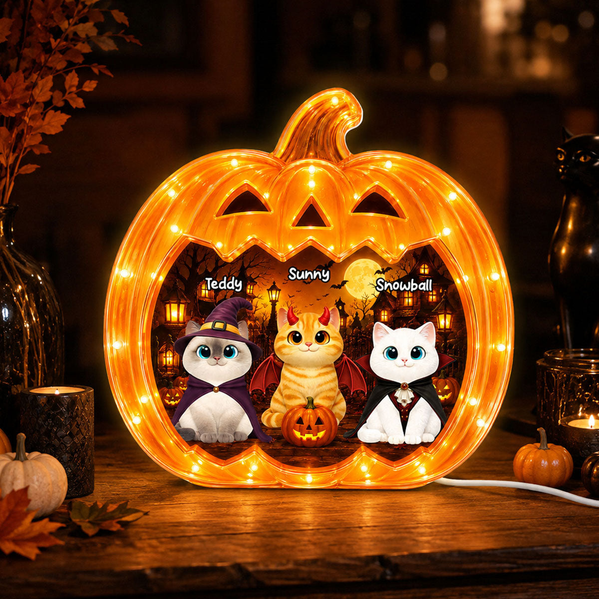 Spooky Halloween Pumpkin Cats - Personalized Light Box - Halloween Decor For Cat Lovers