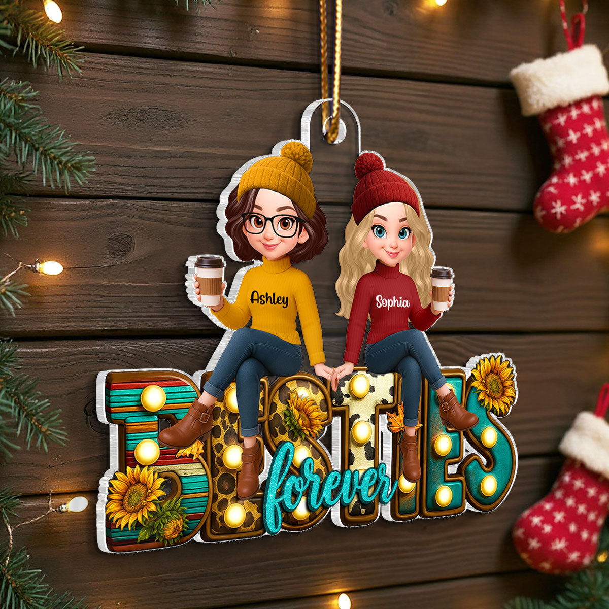 Western Besties Sitting Personalized Acrylic Ornament, Fall Gift for Best Friends