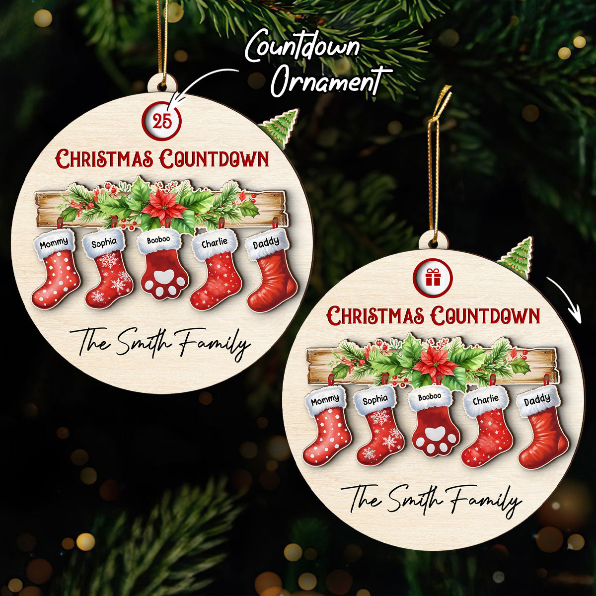 Family With Pet Christmas Socks Countdown Ornament, Personalized Family Countdown Ornament