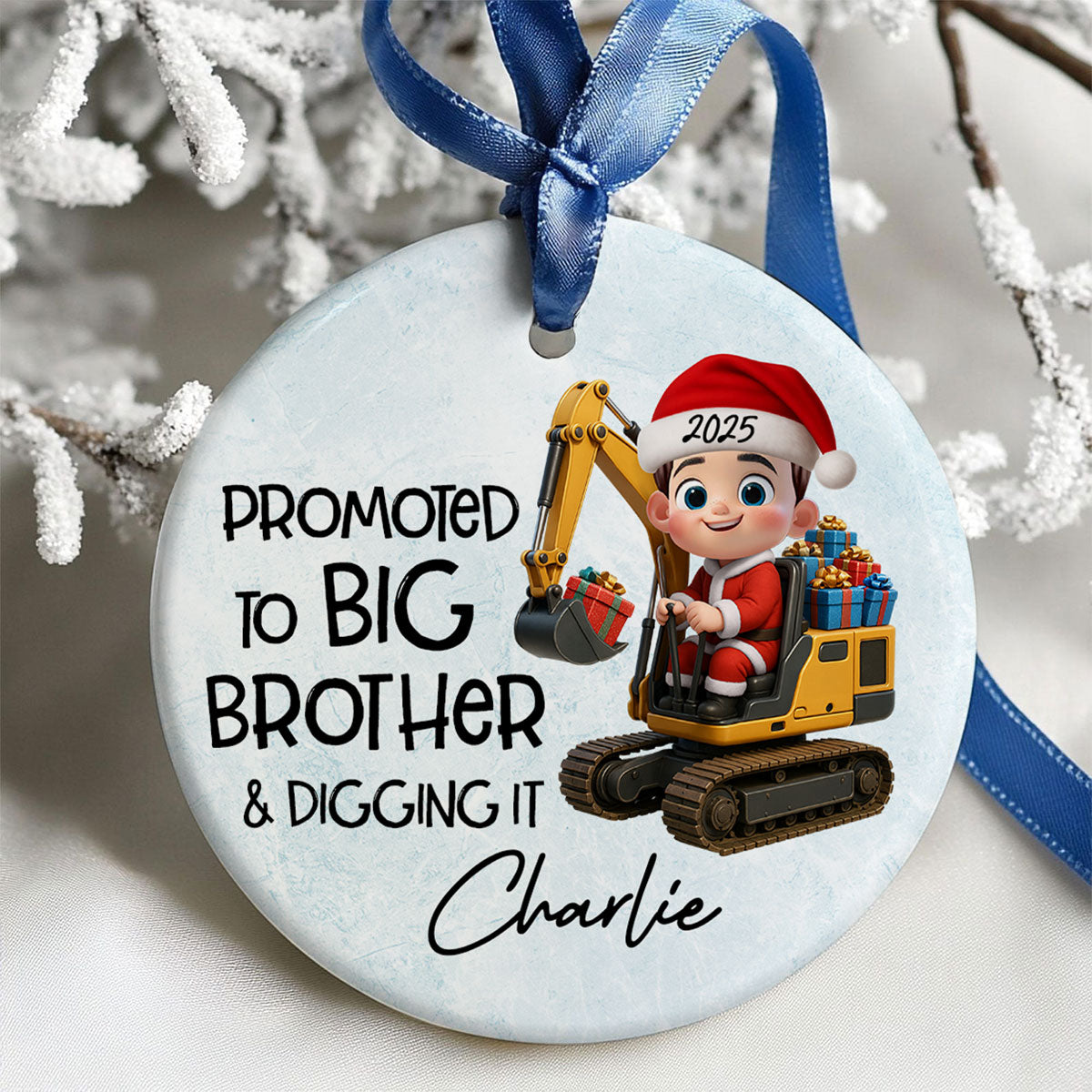 Promoted To Big Brother & Digging It Kid Driving Excavator - Personalized Ceramic Ornament - Proud New Big Brother Gift