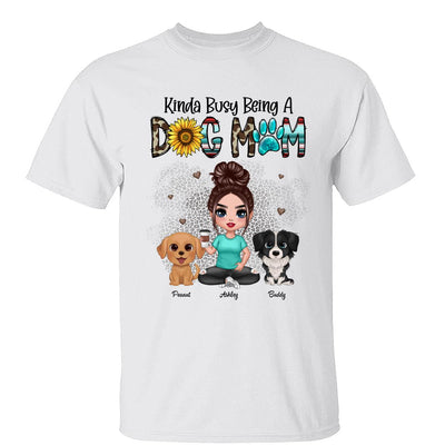 Kinda Busy Being A Dog Mom Western Pattern Teal Leopard Sunflower Doll Girl & Watercolor Dog Personalized Shirt