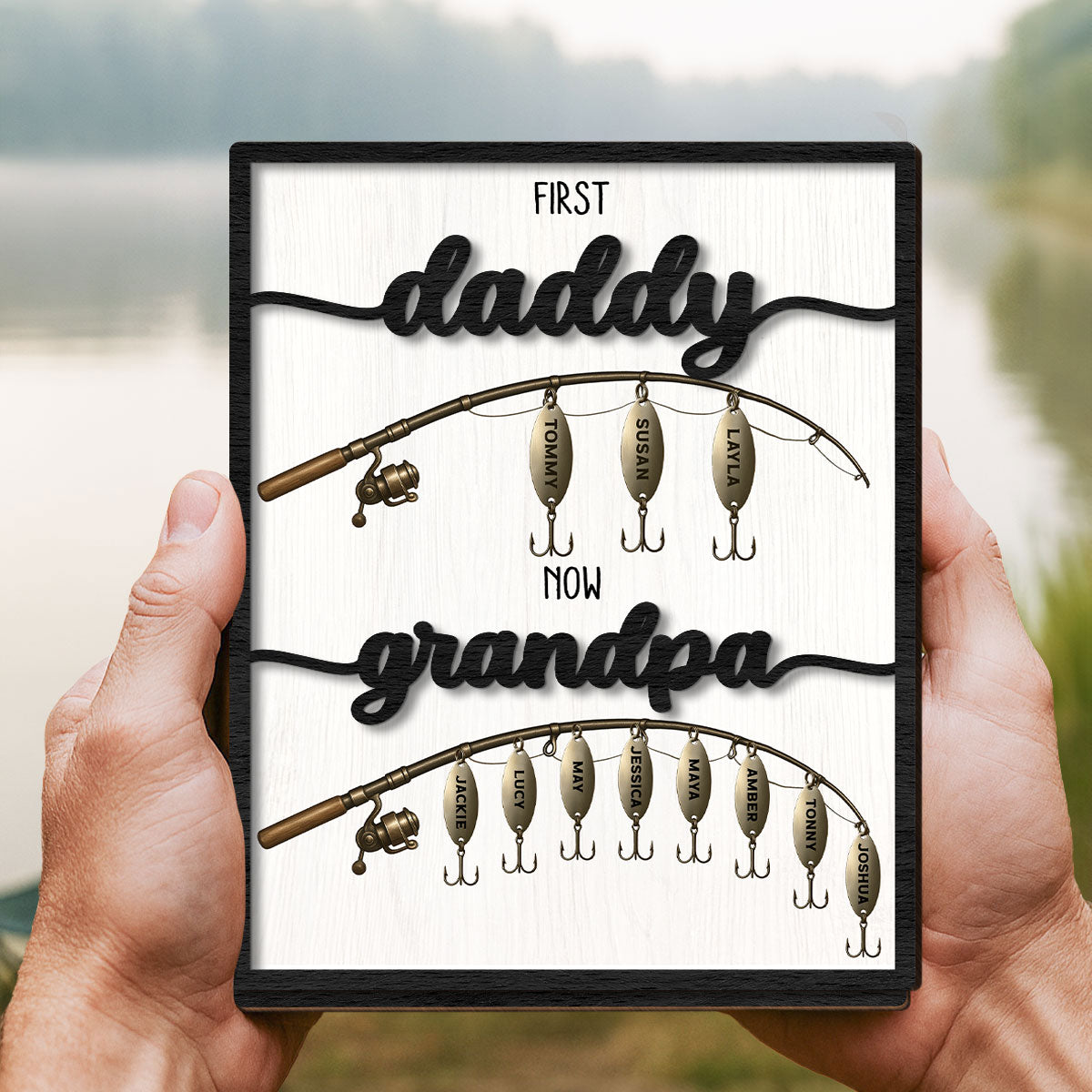 First Dad Now Grandpa Fishing Lures With Kids' Names Personalized 2-Layered Wooden Plaque, Father's Day Gift For Husband, For Dad, For Grandpa