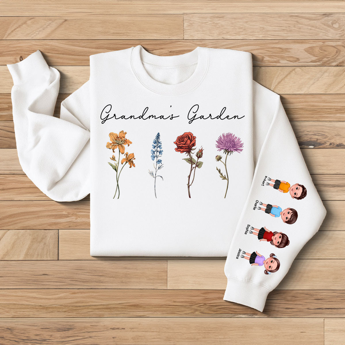 Grandma's Garden Kids On Sleeve, Custom Birthflower Sweatshirt, Gift for Grandma, Love Grows Here, Mom's Garden, Gift, Personalized Sleeve Printed Sweatshirt