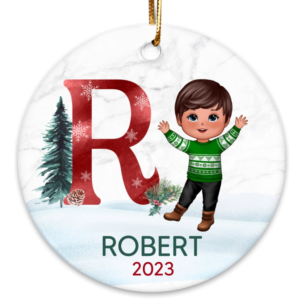Family Member Dad Mom Kid Custom Character Initial Name In Snow Personalized Circle Ornament