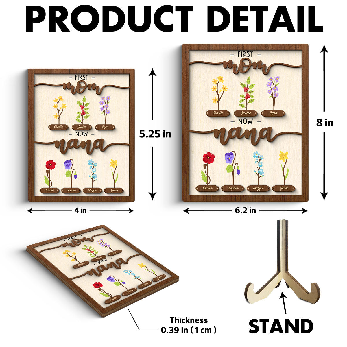 First Mom Now Grandma Simple Birth Month Flowers Personalized 2-layer Wooden Plaque