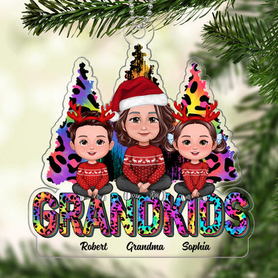 Colorful Leopard Christmas Tree Grandma Grandkids Personalized Acrylic Ornament