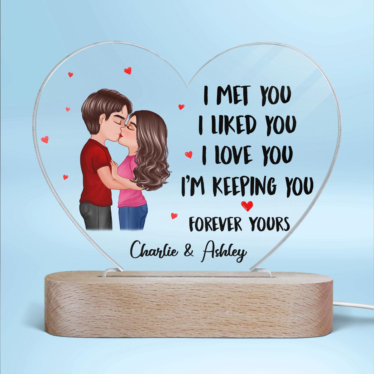 Doll Couple Kissing Gift For Him For Her Personalized Acrylic Heart Plaque LED Lamp Night Light
