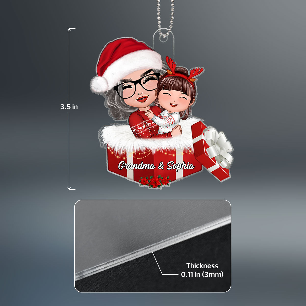 Doll Grandma Hugging Grandkid In Gift Box Christmas Gift For Granddaughter Grandson Personalized Acrylic Ornament
