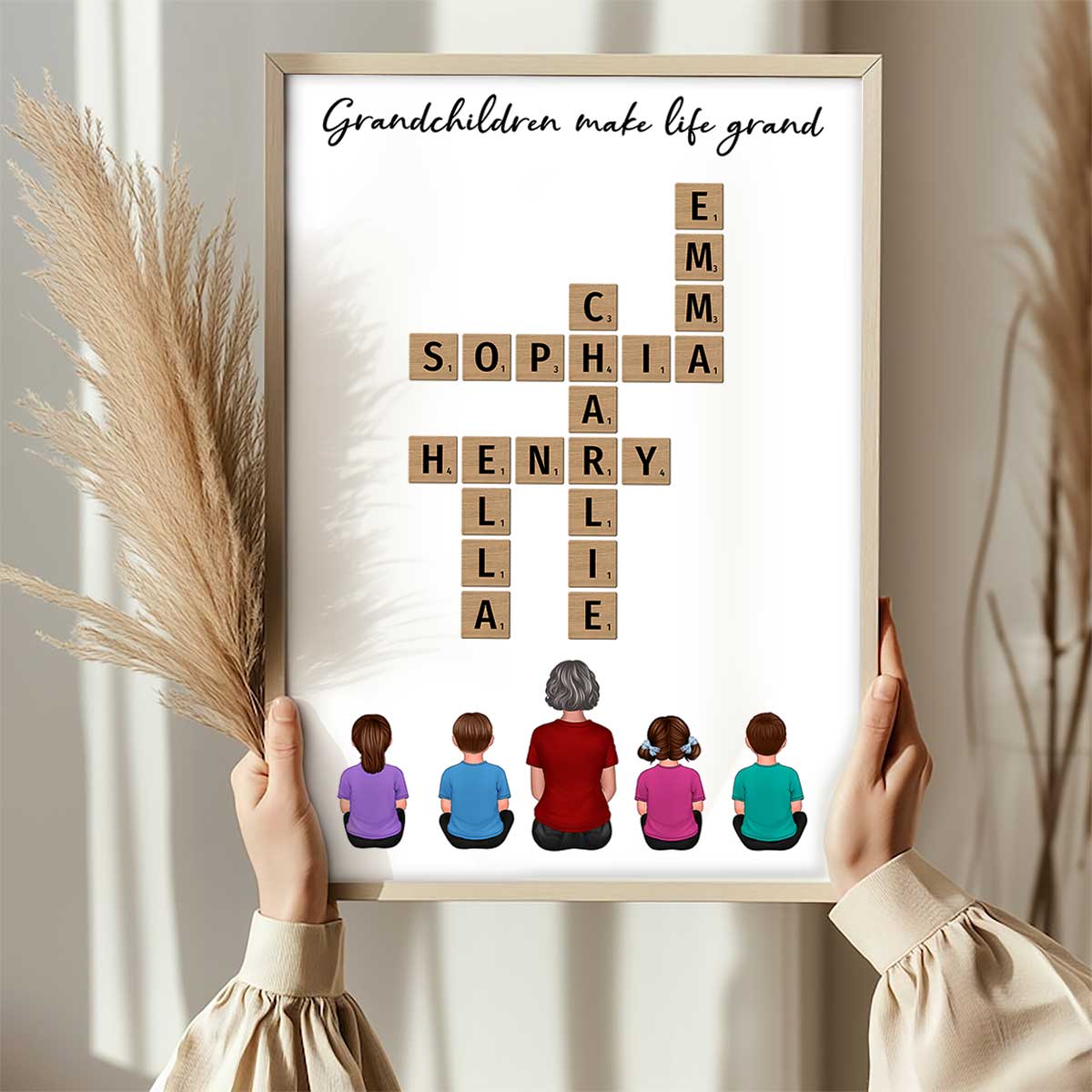 Our Grandchildren Names In Crossword Unique Gift For Grandma Grandpa Grandparents Back View Sitting Personalized Poster