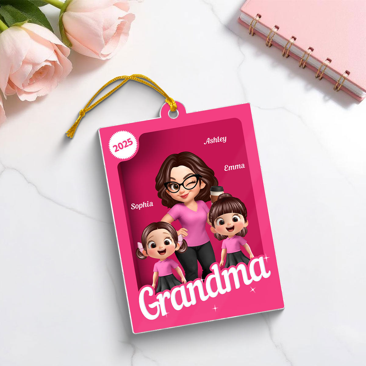 Grandma Grandkids 3D Effect Pink Action Figure - Personalized Acrylic Ornament, Christmas Gift for Grandmas