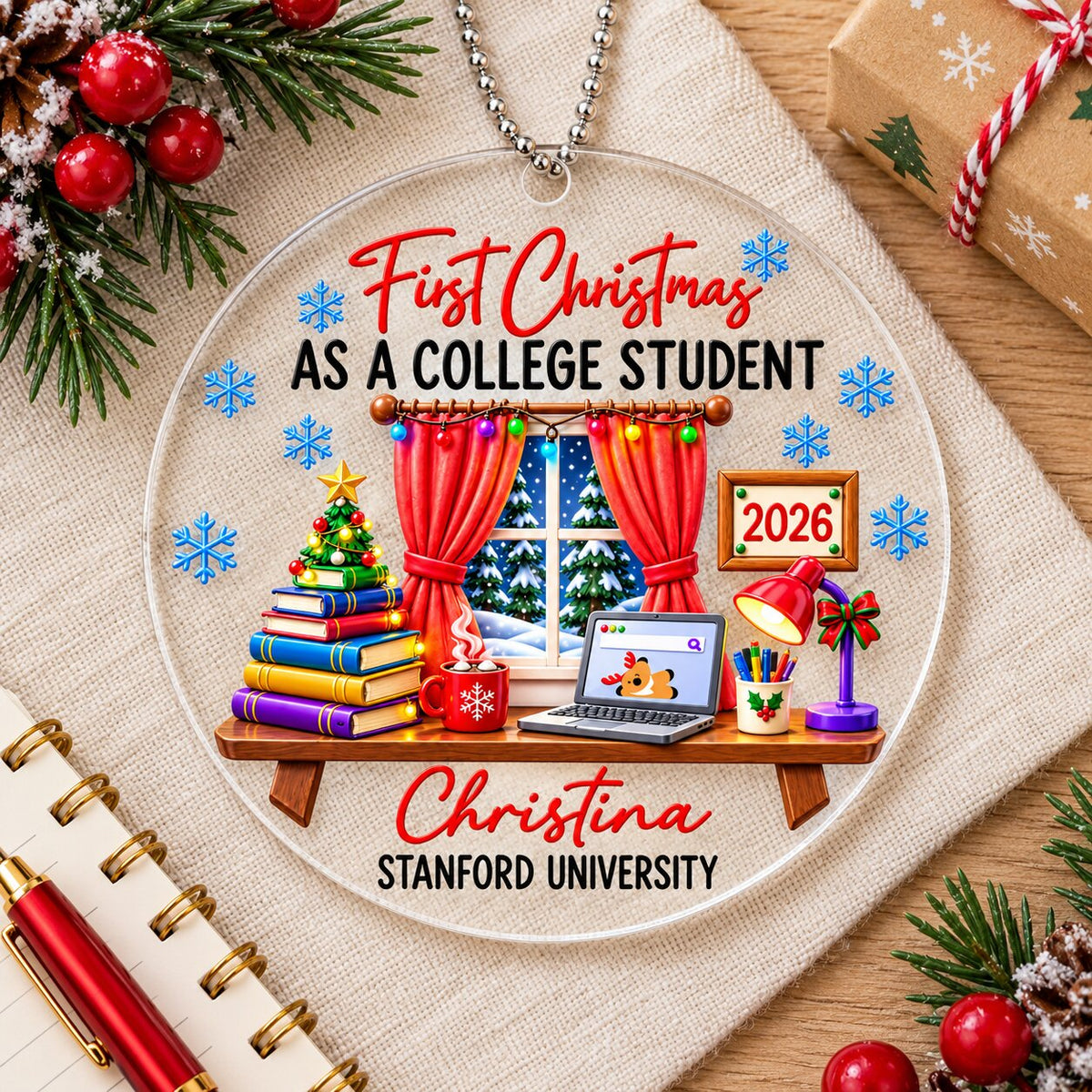 College Student With Desk Design - Personalized Acrylic Ornament - Christmas Gift For New Student, Boy, Girl