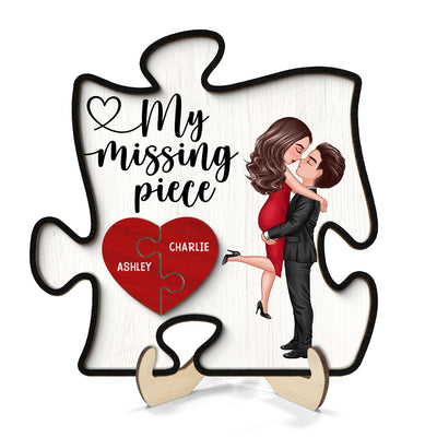My Missing Piece Couple Hugging Kissing Puzzle Shaped - Personalized 2-Layered Wooden Plaque - Anniversary Gift For Couple, For Dad Mom