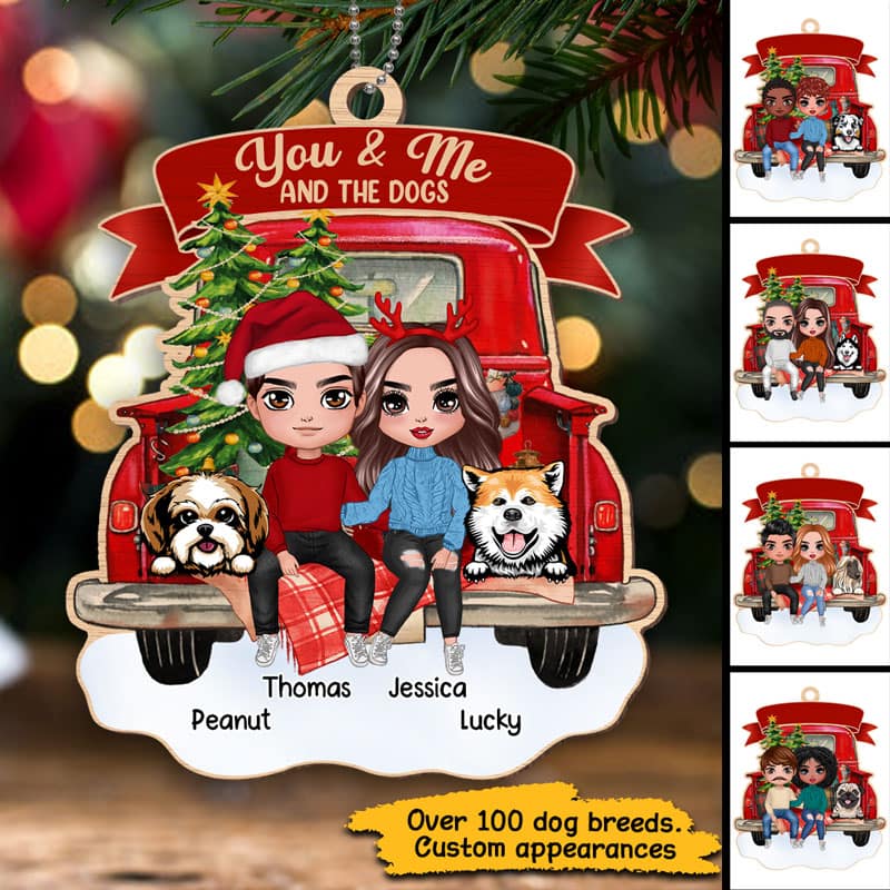 Couple And The Dogs On Christmas Truck Personalized Wooden Ornament