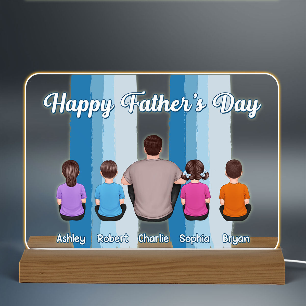 Happy Father‘s Day Man Kids Dogs Cats Blue Stripes Personalized Warm Acrylic Custom Shape LED Night Light