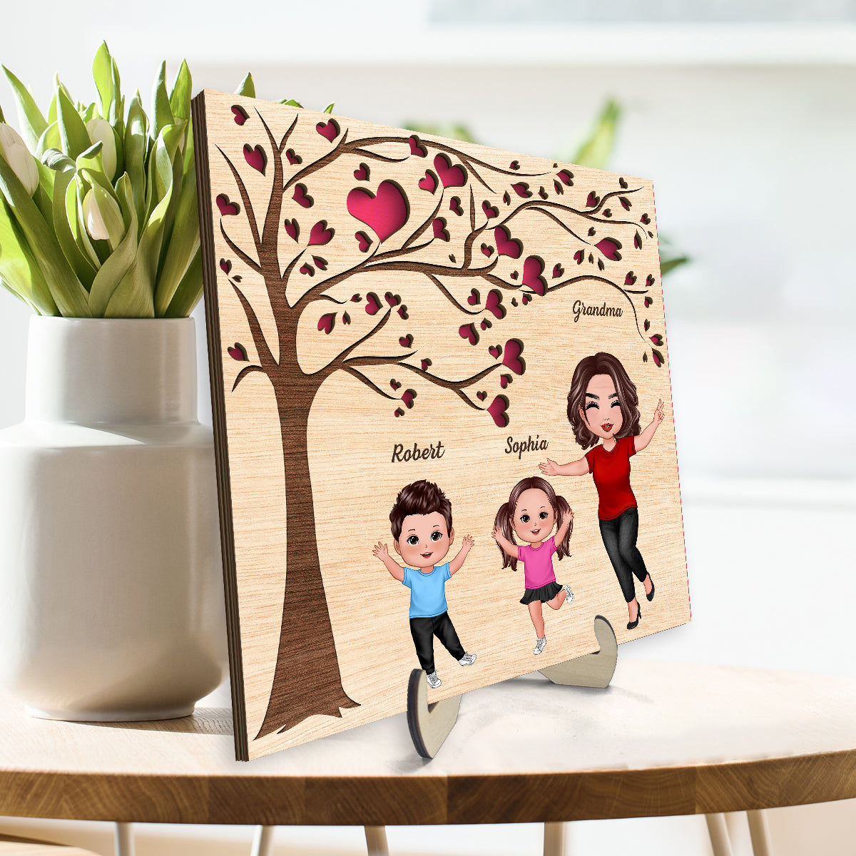 Grandma Grandkids Under Heart Tree Engraved Personalized 2-layer Wooden Plaque