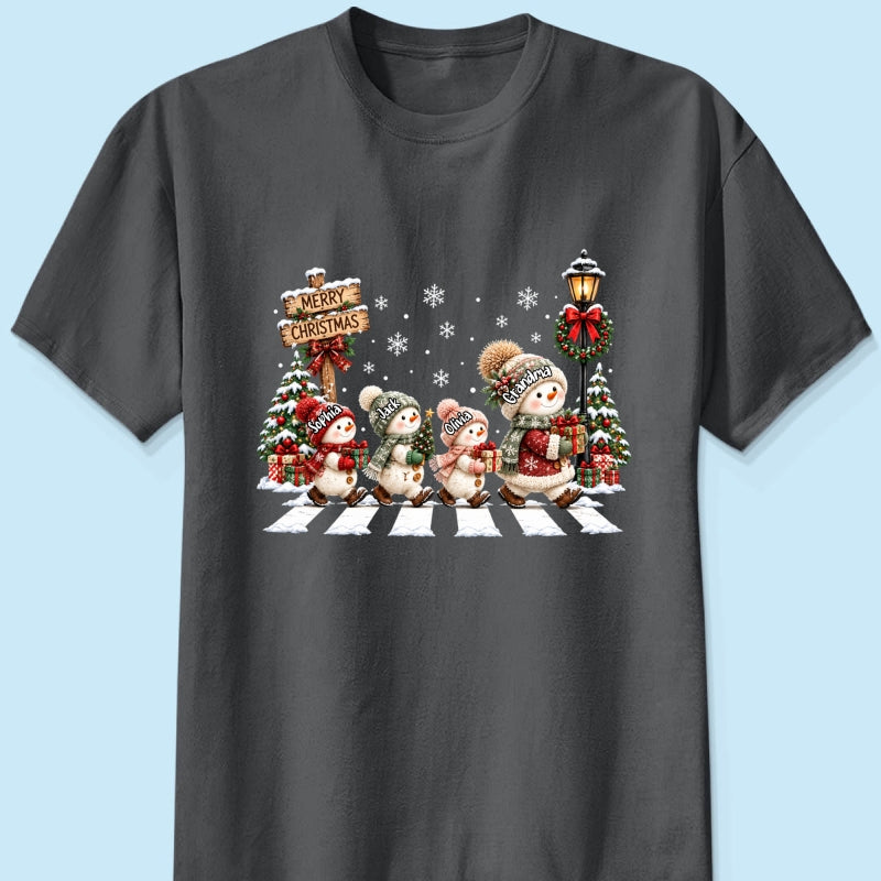 Merry Christmas Snowman Grandma Grandkids Walking - Personalized Shirt - Thoughtful Christmas Gift for Grandma, Mom, Wife