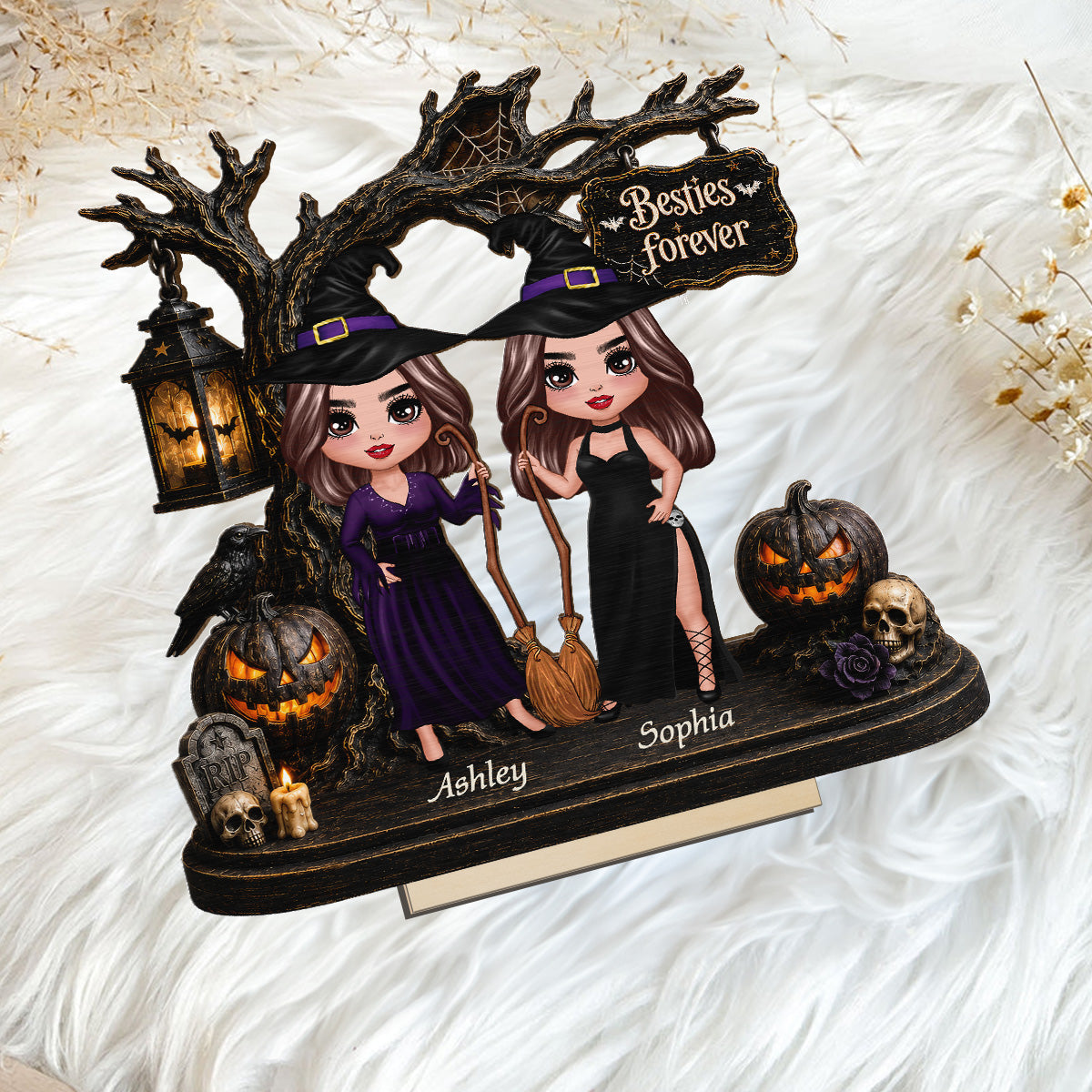 Witch Besties Spooky Halloween Tree 2D Flat - Personalized 2-Layer Wooden Plaque - Tabletop Tier Tray Wicca Pagan Decor