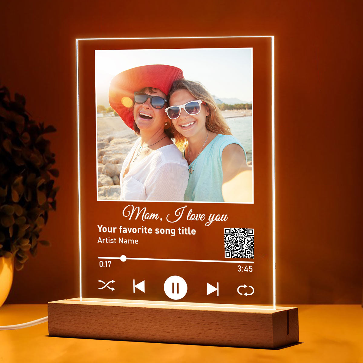 Custom Photo Like Mother Like Daughters Favorite Love Song Scannable QR Code Personalized Rectangle Acrylic Plaque LED Night Light