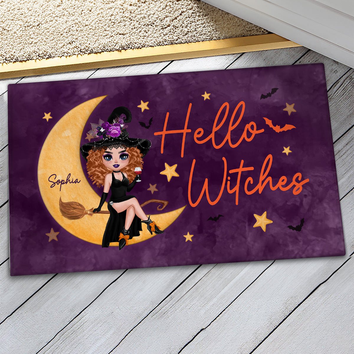 Hello Witches Doll Sitting Personalized Doormat, Gift For Girl, Woman
