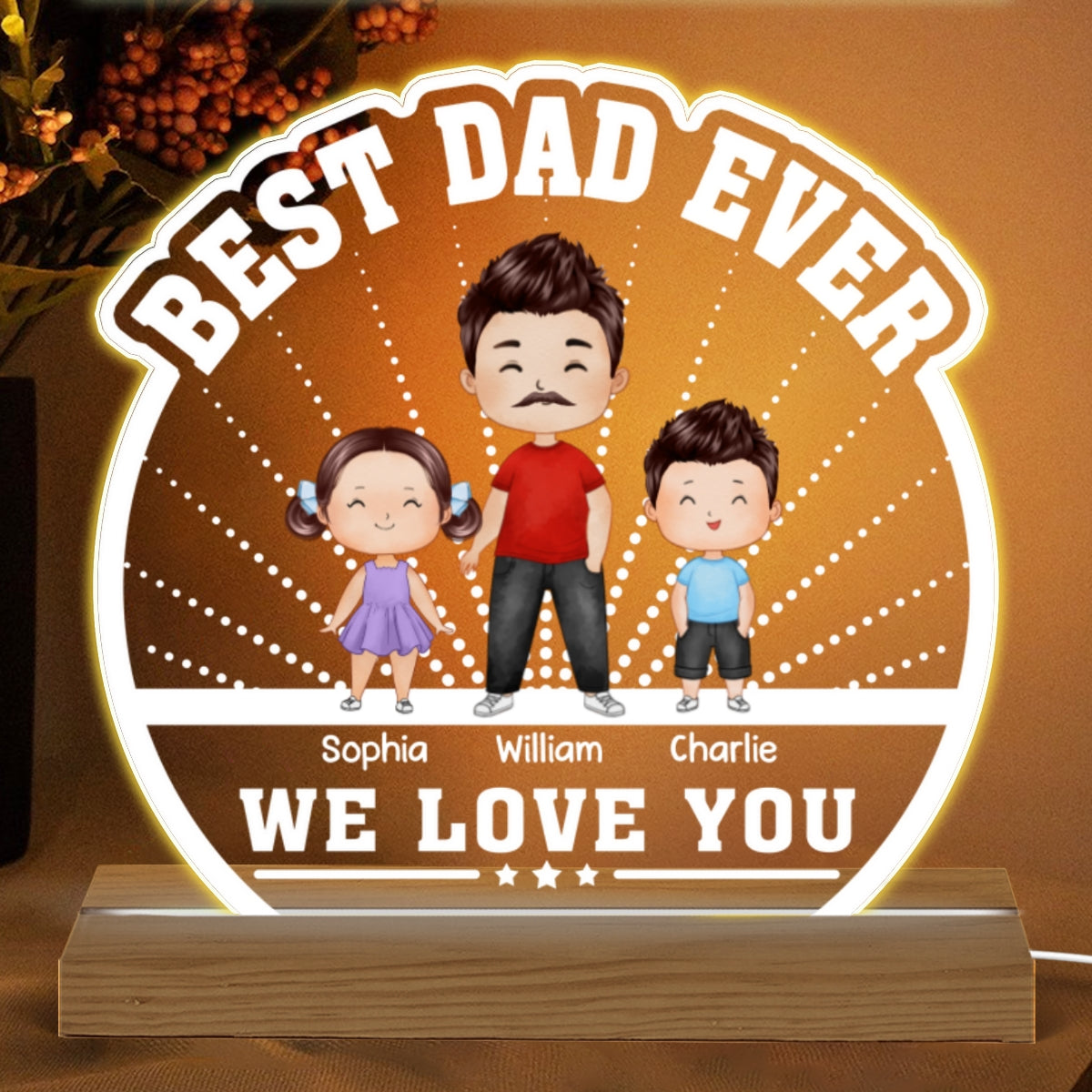 Best Dad Ever Watercolor Dad & Kids Standing Personalized Custom Shaped Acrylic Plaque With Warm LED Night Light