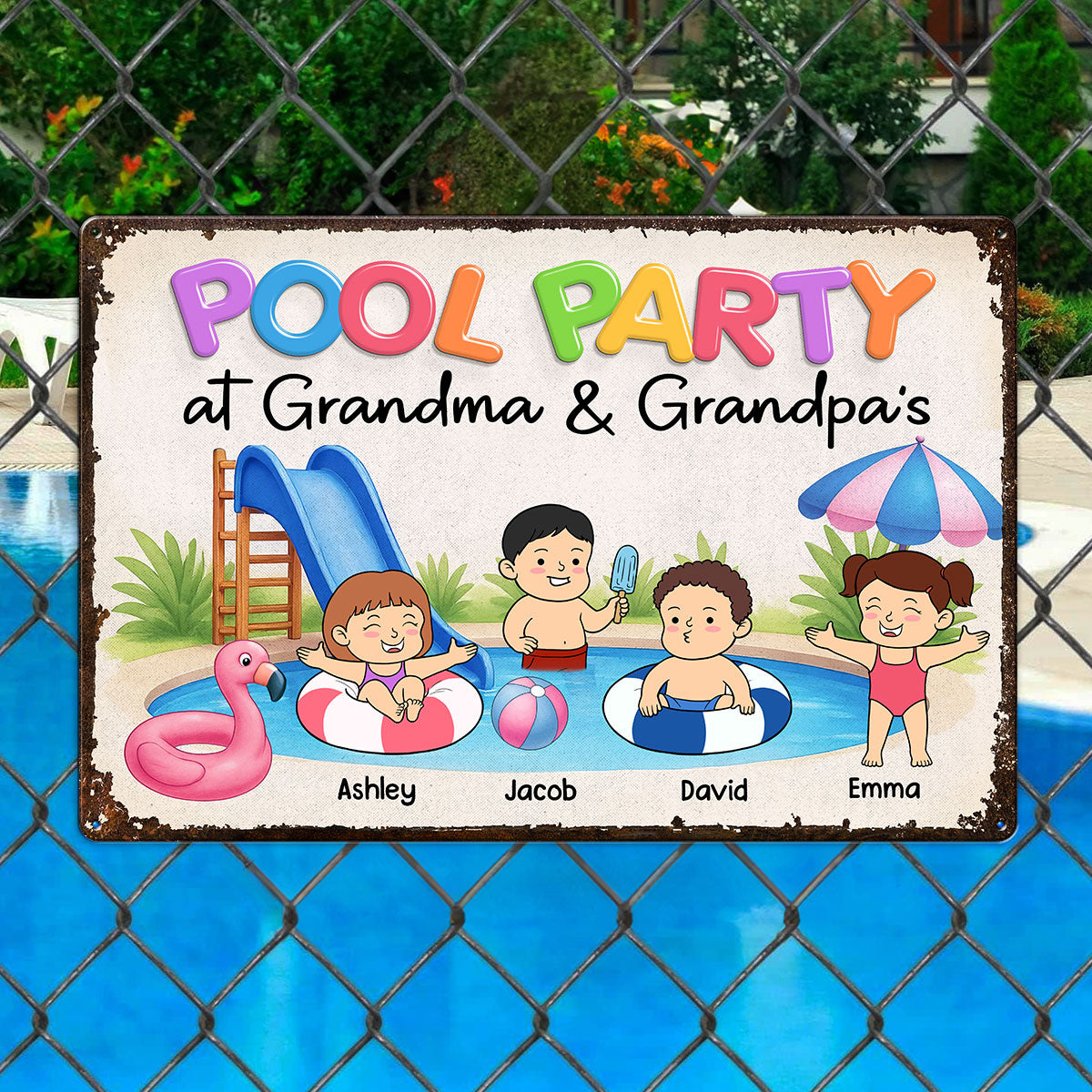 Funny Cartoon Kids Pool Party At Grandma Grandpa Personalized Metal Sign