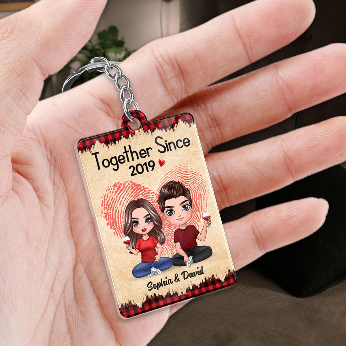 Fingerprint Checkered Pattern Doll Couple Sitting Favorite Song Scannable QR Code Personalized Acrylic Keychain