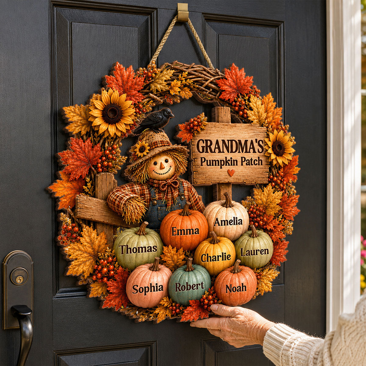 Grandma's Scarecrow Pumpkin Patch - Personalized Wooden Door Sign - Fall Decor for Grandma