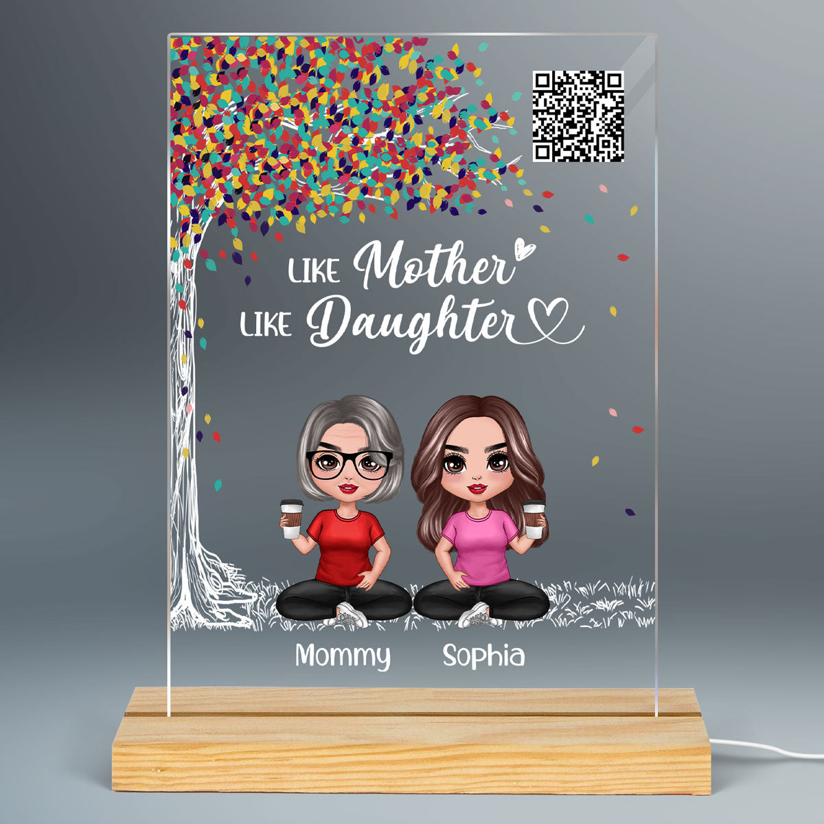 Colorful Tree Like Mother Like Daughters Doll Mom And Daughters Sitting Favorite Song Scannable QR Code Personalized Rectangle Acrylic Plaque LED Night Light