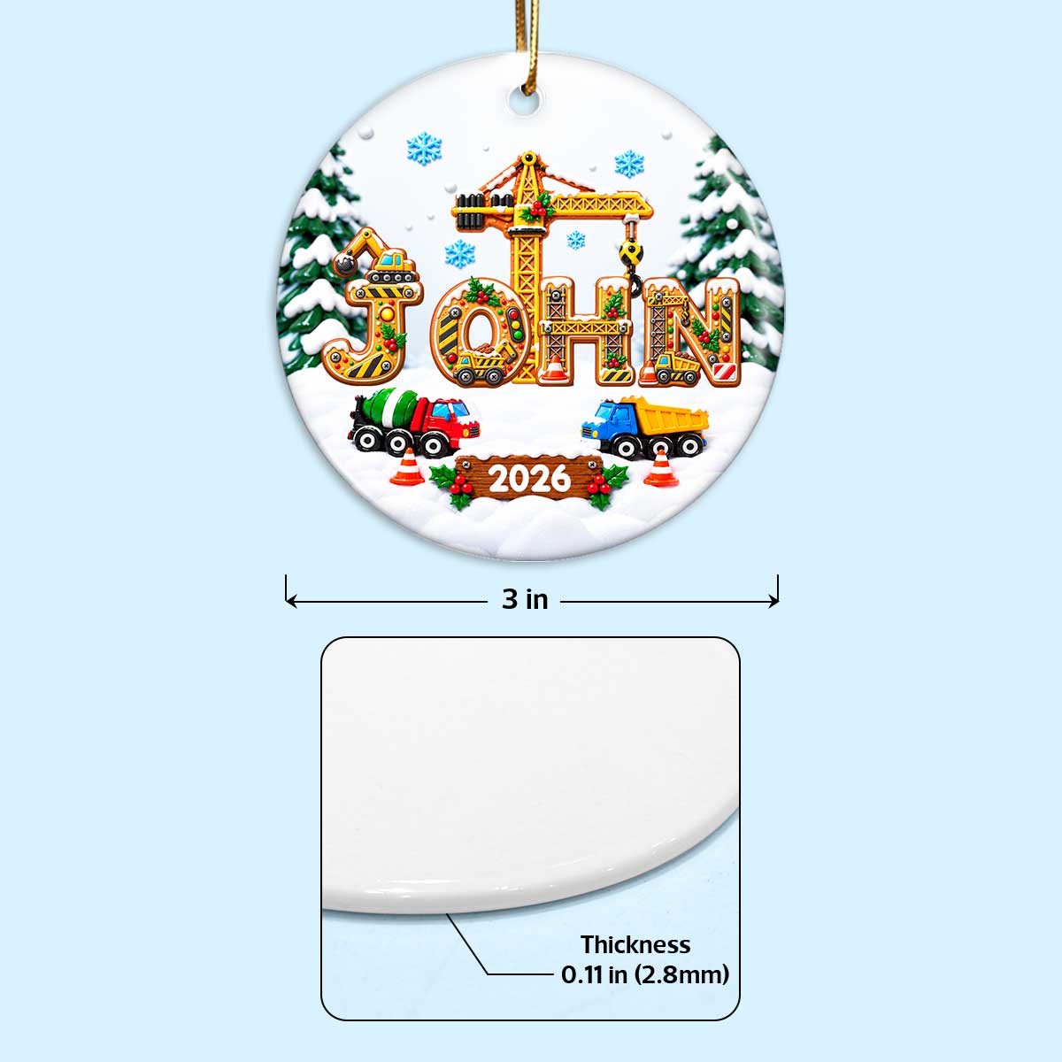 Kids Name Truck Christmas - Personalized Ceramic Ornament - Construction Vehicle Design, Gift For Boy Girl Grandkids