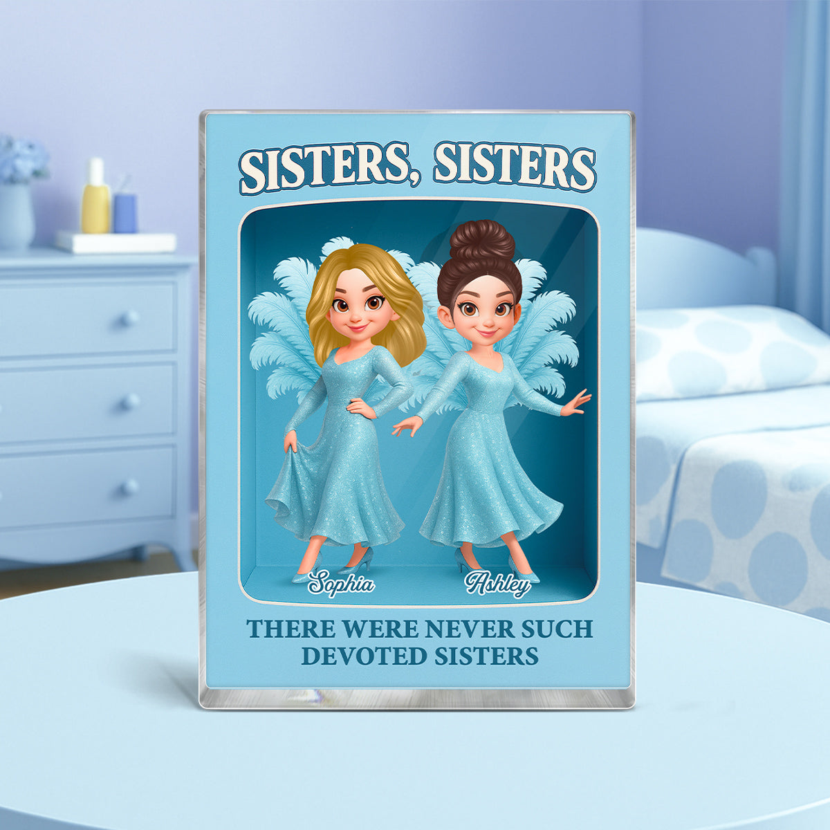 Pretty Cartoon Sisters Besties Blue Dress Toy Box Figure Style Personalized Acrylic Block Plaque