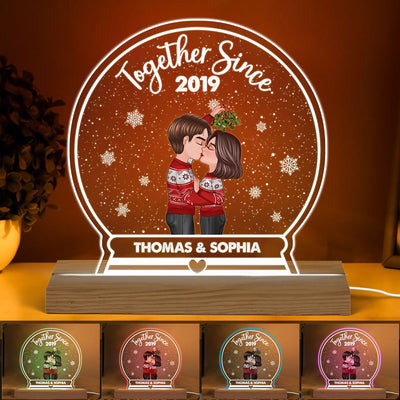 Couple Kissing Under Mistletoe Together Since Personalized Snow Globe Shaped Acrylic Plaque With LED Night Light