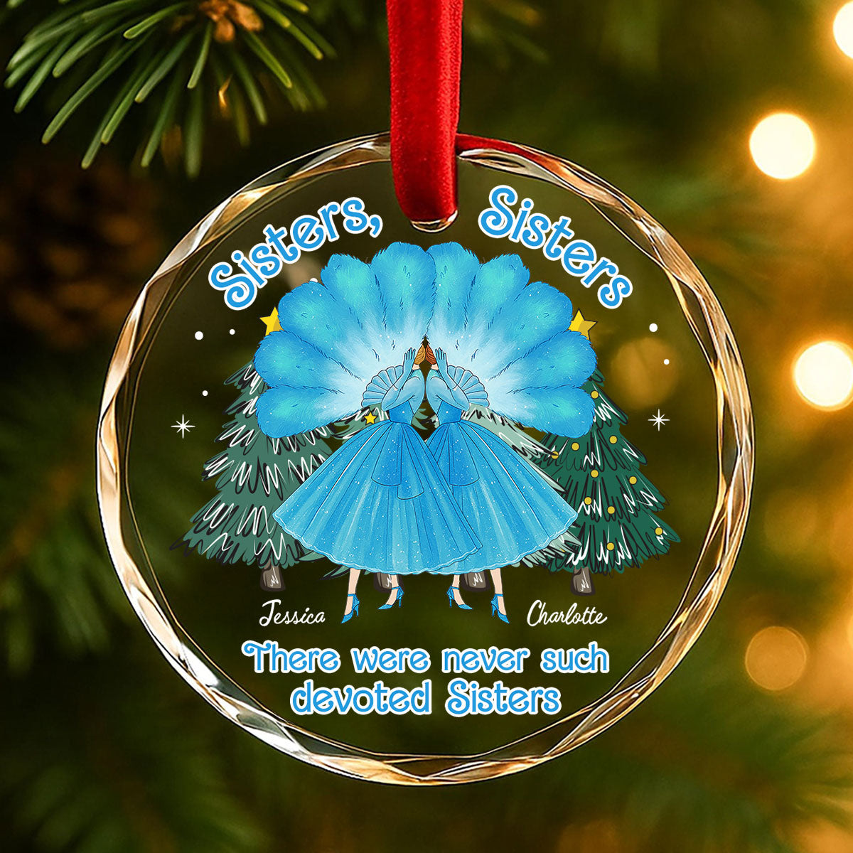 Sisters Sisters Besties in Blue Dresses Personalized Glass Ornament
