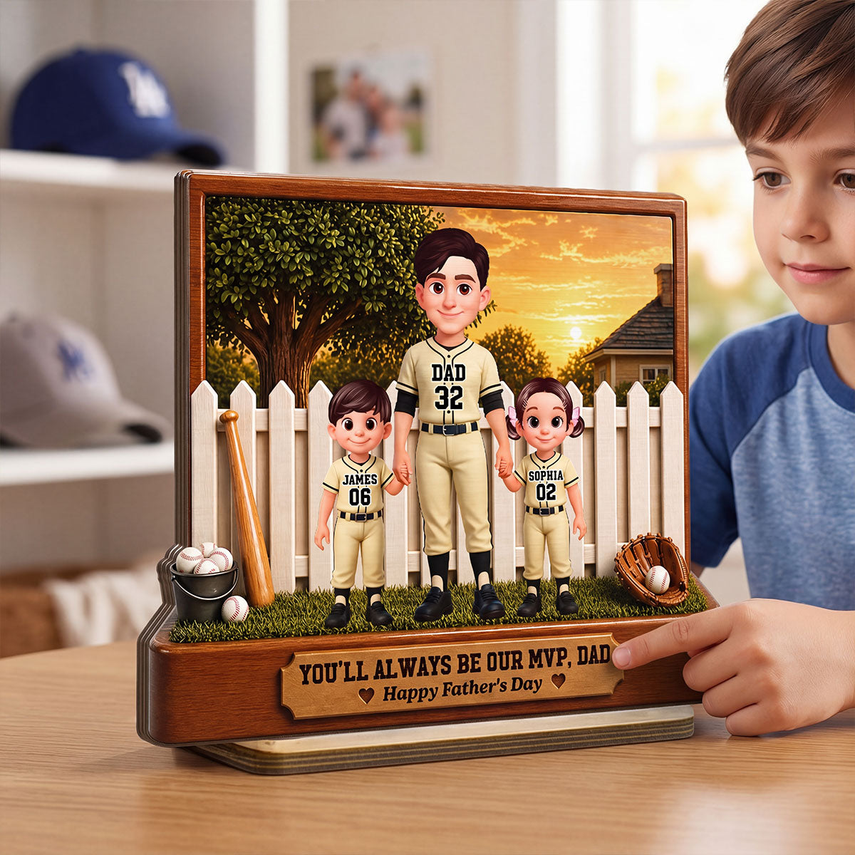 Baseball Dad And Kids Backyard We Caught The Best Dad - Personalized 2-Layered Wooden Plaque - Father's Day Gift For Dad