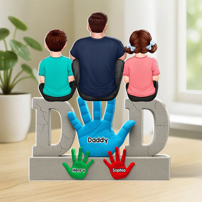 Dad Handprints Dad And Kids Sitting On Text Personalized Acrylic Block Plaque